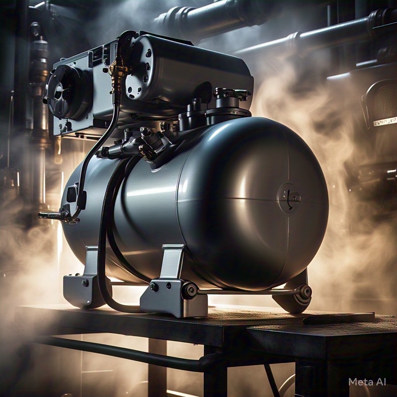 Sistema neumático industrial mostrando compresor y tuberías